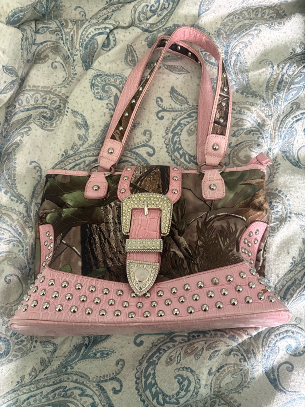 Pink Studded Camo Bag with Rhinestone Buckle